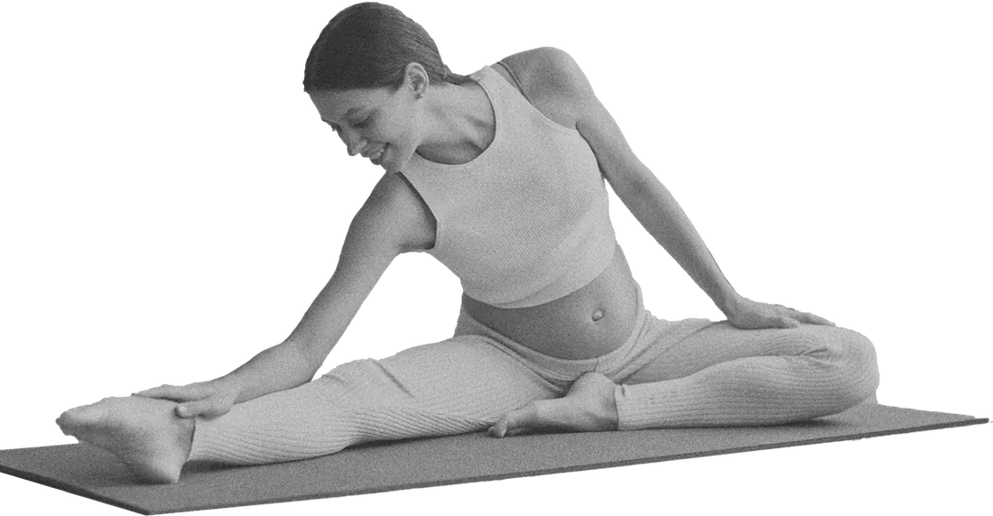 Pregnant woman stretching, black and white collage cut-out